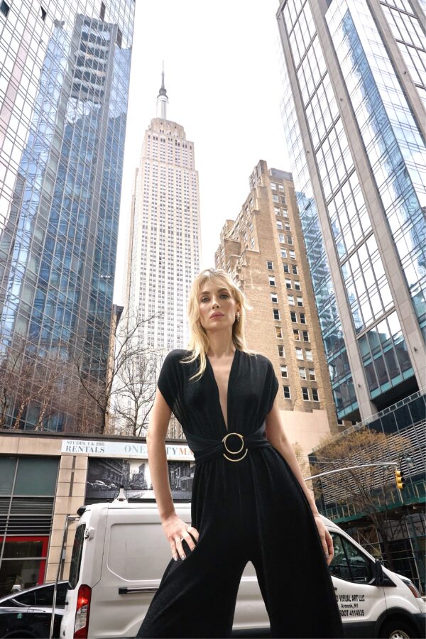 New York Adjustable Glitter Belt Detailed Black Jumpsuit - Image 2